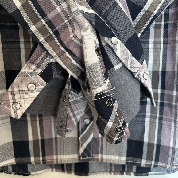 BKE Buckle Plaid Shirt XL Pearl Snap Button Western Blue/Grey/Purple CLEAN - Picture 4 of 11